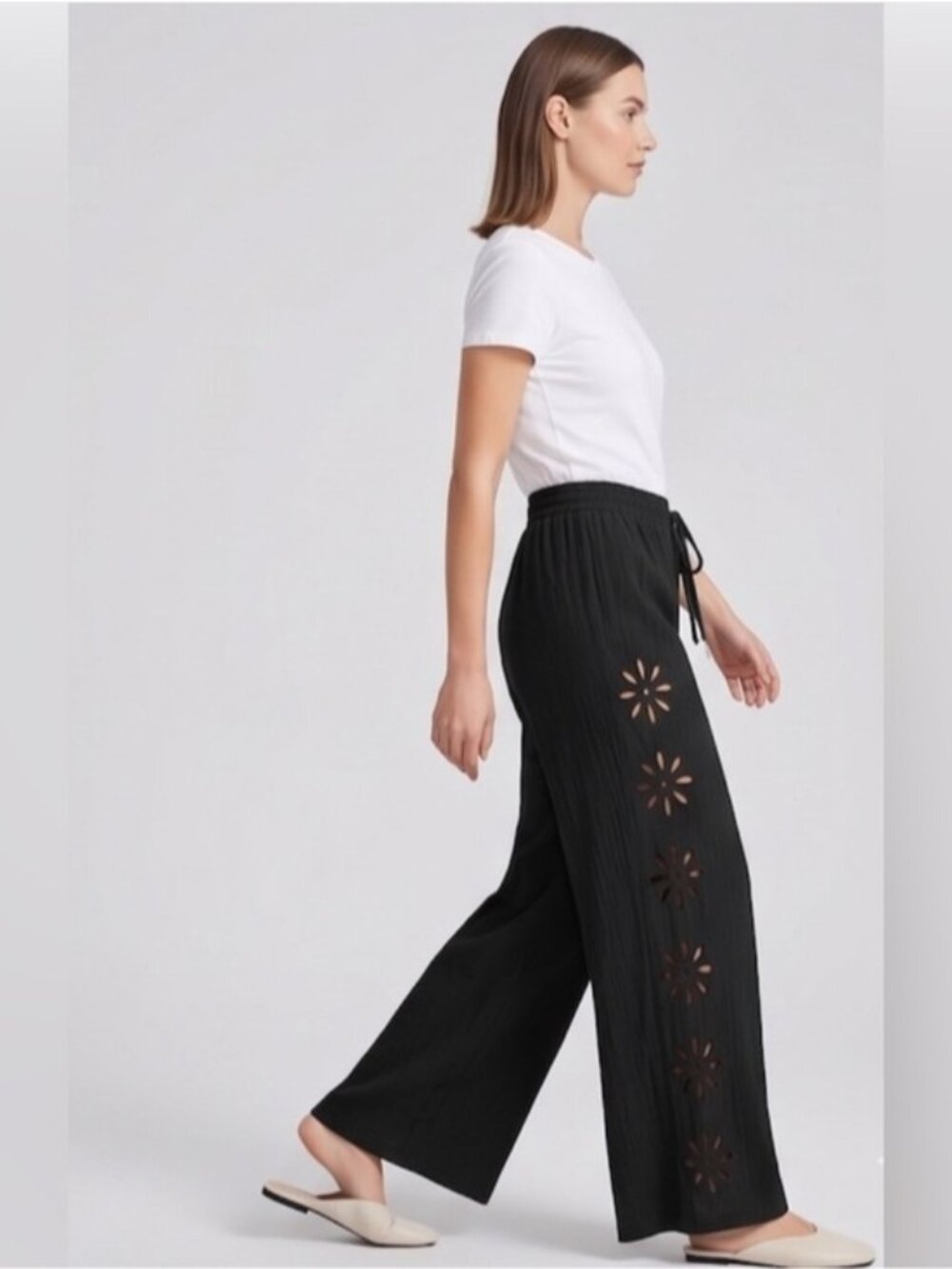 Boho Floral Eyelet Hollow Out Pants Black
